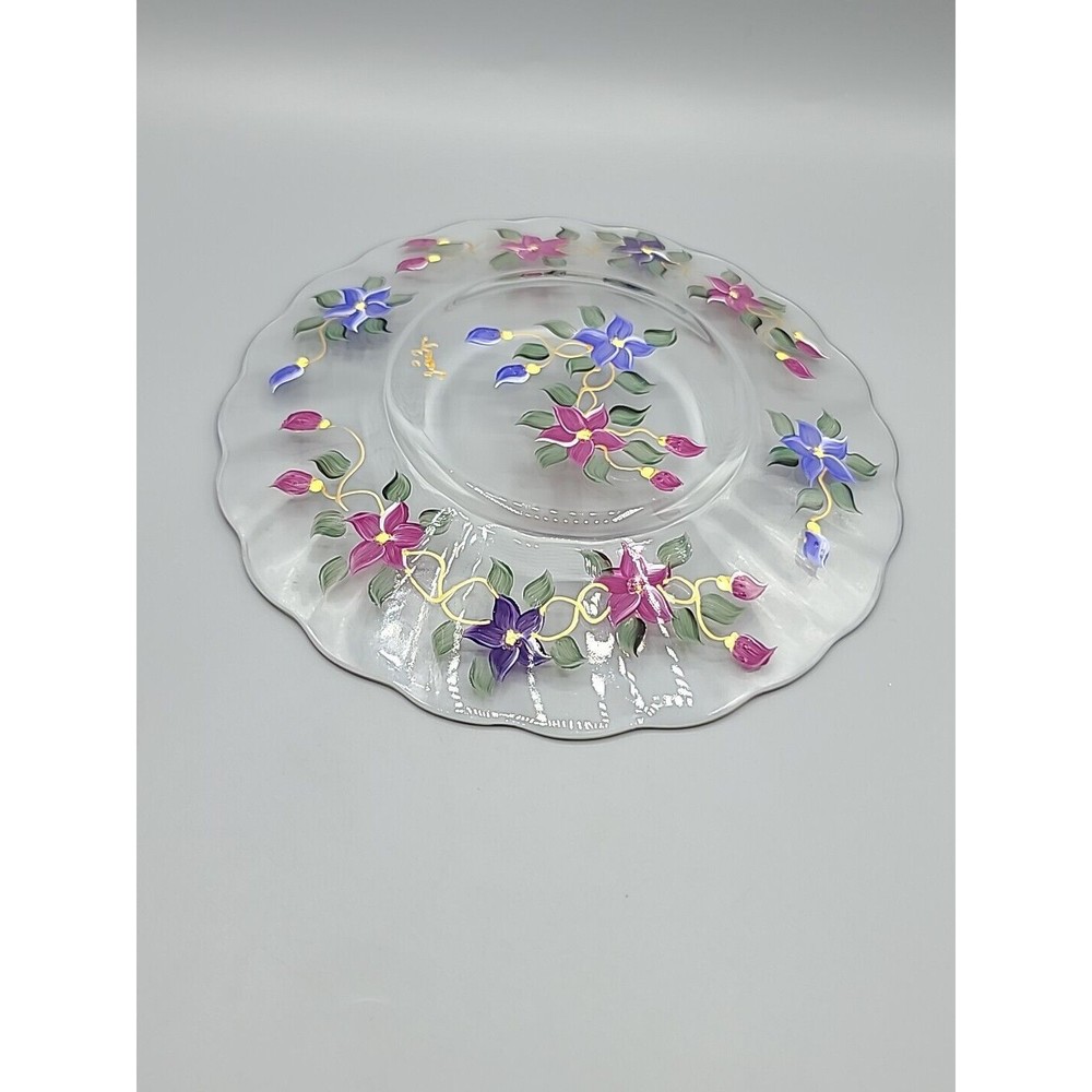 Art Glass Serving Dish Plate Signed Reverse Hand Painted Flowers Floral 9" - Picture 9 of 11